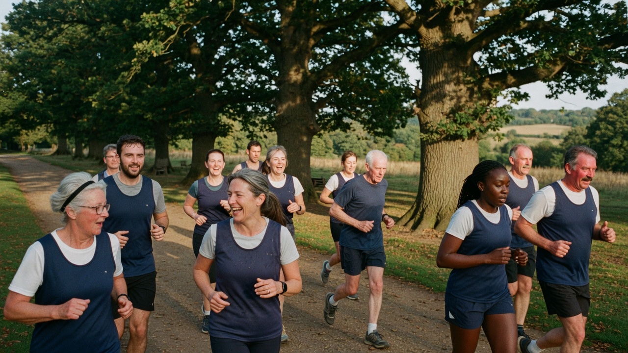 Club runners on a park path