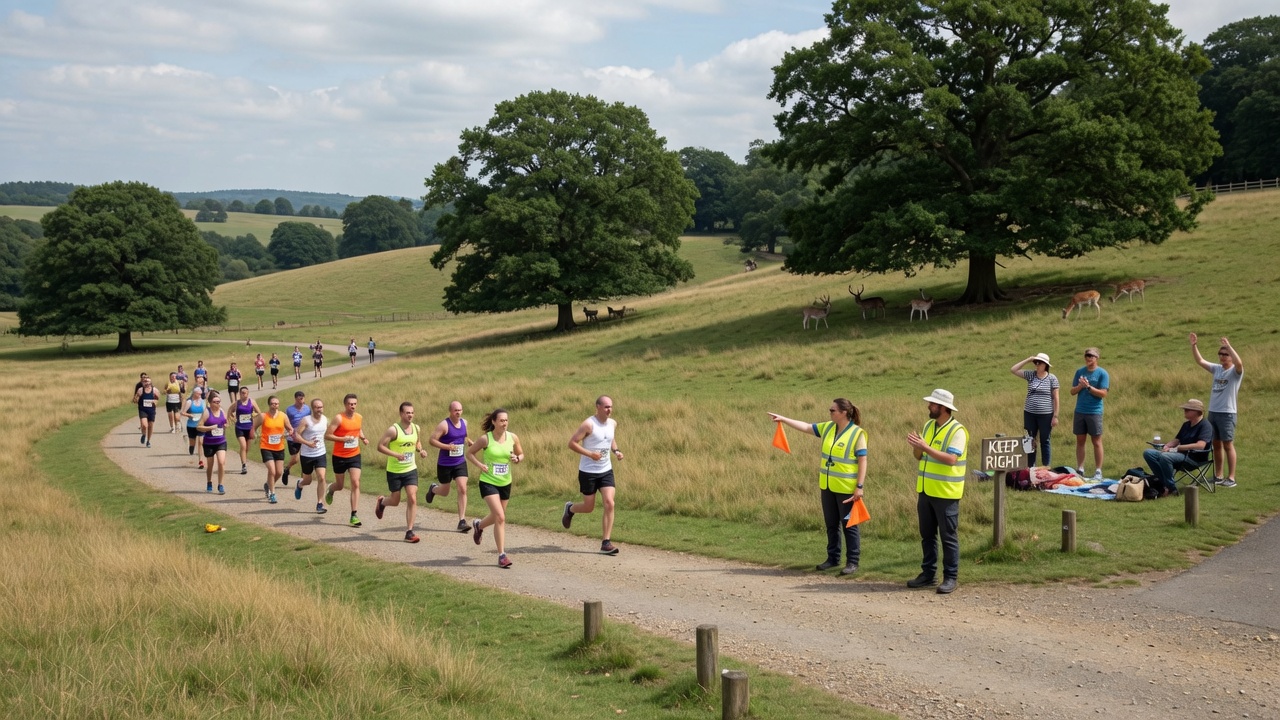 Runners racing through parkland with marshals