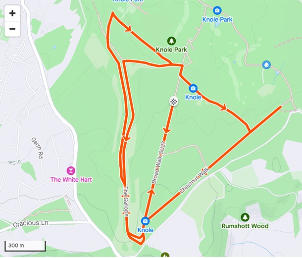 Map of the seven-mile Sevenoaks 7 course through Knole Park