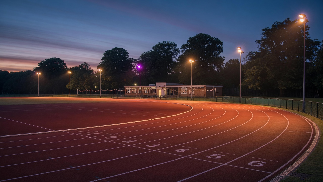 Sevenoaks School track at dusk under floodlights